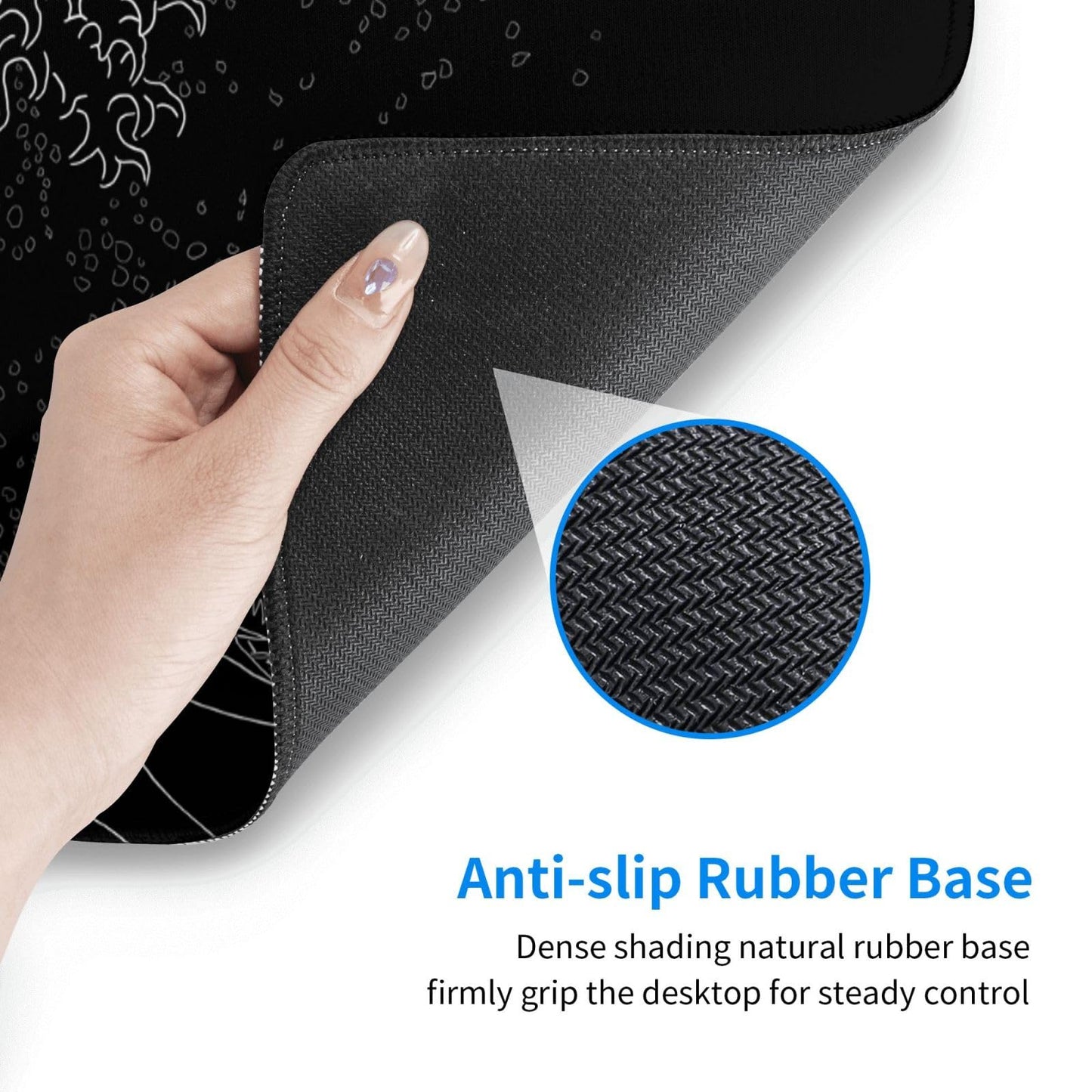 Japanese Gaming Mouse Pad Black Mouse Pad Kanagawa Large Mousepad Non-Slip Rubber Base Waterproof with Stitched Edges for Gaming Office Home, 31.5x11.8 Inch (Black Wave)