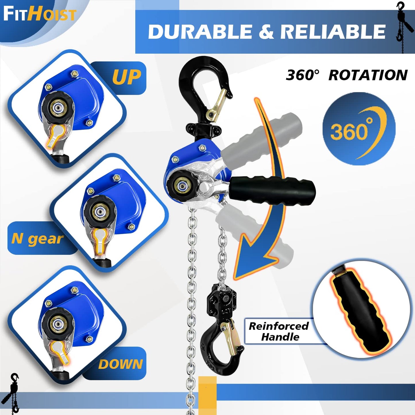 FITHOIST Mini Chain Hoist 1/2 Ton 1100Lbs Capacity 10Ft Lift Manual Lever Chain Hoist Alloy Steel G80 Chain 2 Heavy Duty Hooks, for Garages Warehouse Automotive Machinery