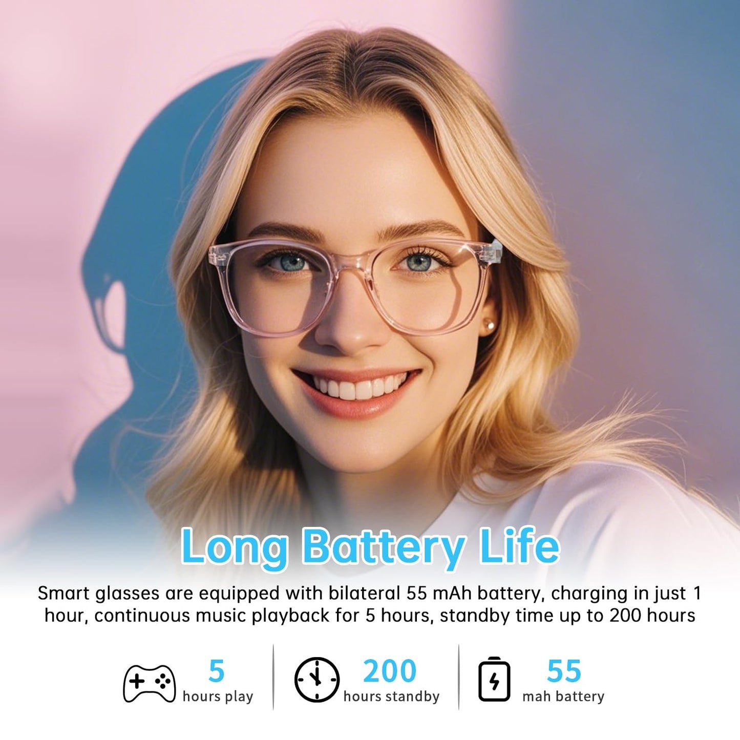 GenXenon Smart Glasses, Clear Frame Blue Light Glasses for Woman, Magnetic Charging,Remote Photography, Open-Ear Design, Voice Assistant, 5.3 Bluetooth with Audio Mic for Working Gaming (GS03-C)