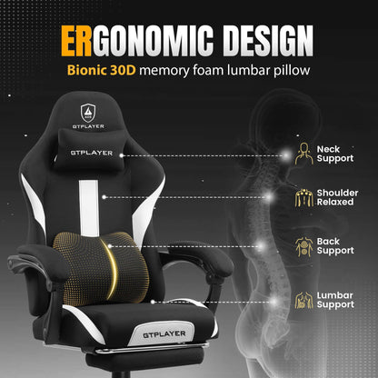 GTRACING Gaming Chair with Foot Rest & Pocket Spring Cushion, Breathable Fabric for Home Office Desk, Ergonomic High Back Computer Chair with Headrest & Lumbar Support, Black