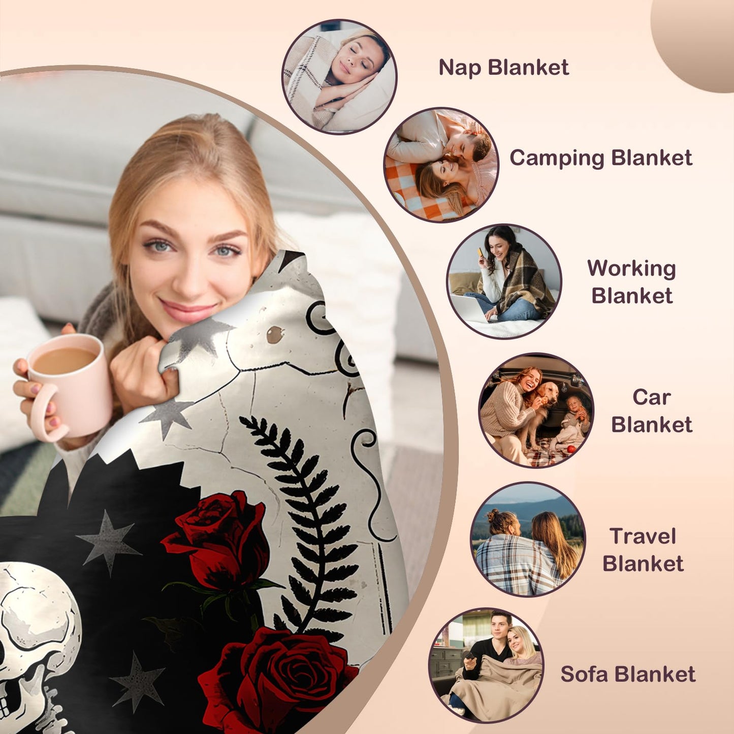 Halloween Skeleton Gifts for Women Men, Halloween Blankets and Throws, Anniversary Day Gifts for Husband Wife, Gift for Boyfriend Girlfriend, Halloweeen Decoration, Soft Skull Gothic Blanket 50" X 60"