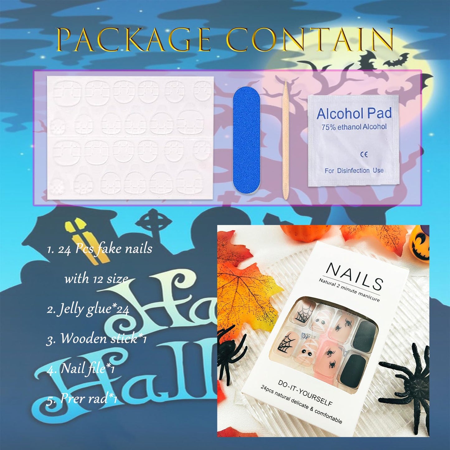 Halloween Press on Nails Medium Square Fake Nails Matte Glue on nails Nude False Nails with Cute Mummy Spiders Webs Design Halloween Nails Black Full Cover Stick on Nails for Women Girls 24 Pcs