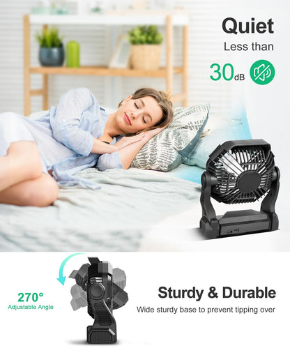CONBOLA Solar Fans for Outside,Camping Fan, Portable Fans Rechargeable 9-Inch Battery Powered (180Hrs) LED Lantern, USB C Battery Beach Fan.