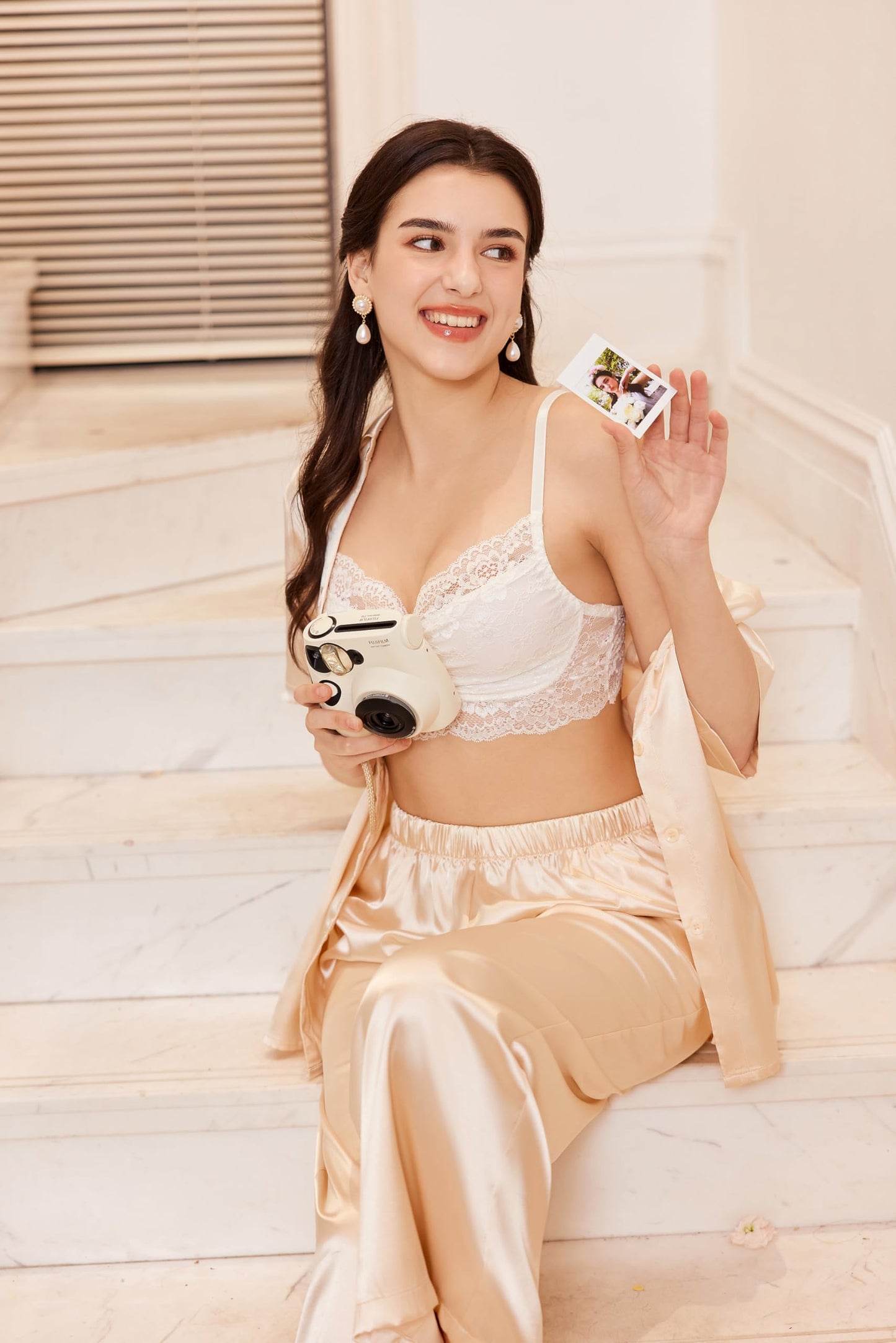 Ekouaer Silk Pajamas for Womens Set 2 Piece Satin Pjs Soft Button Down Sleepwear Wide Leg Long Pants with Pockets Champagne