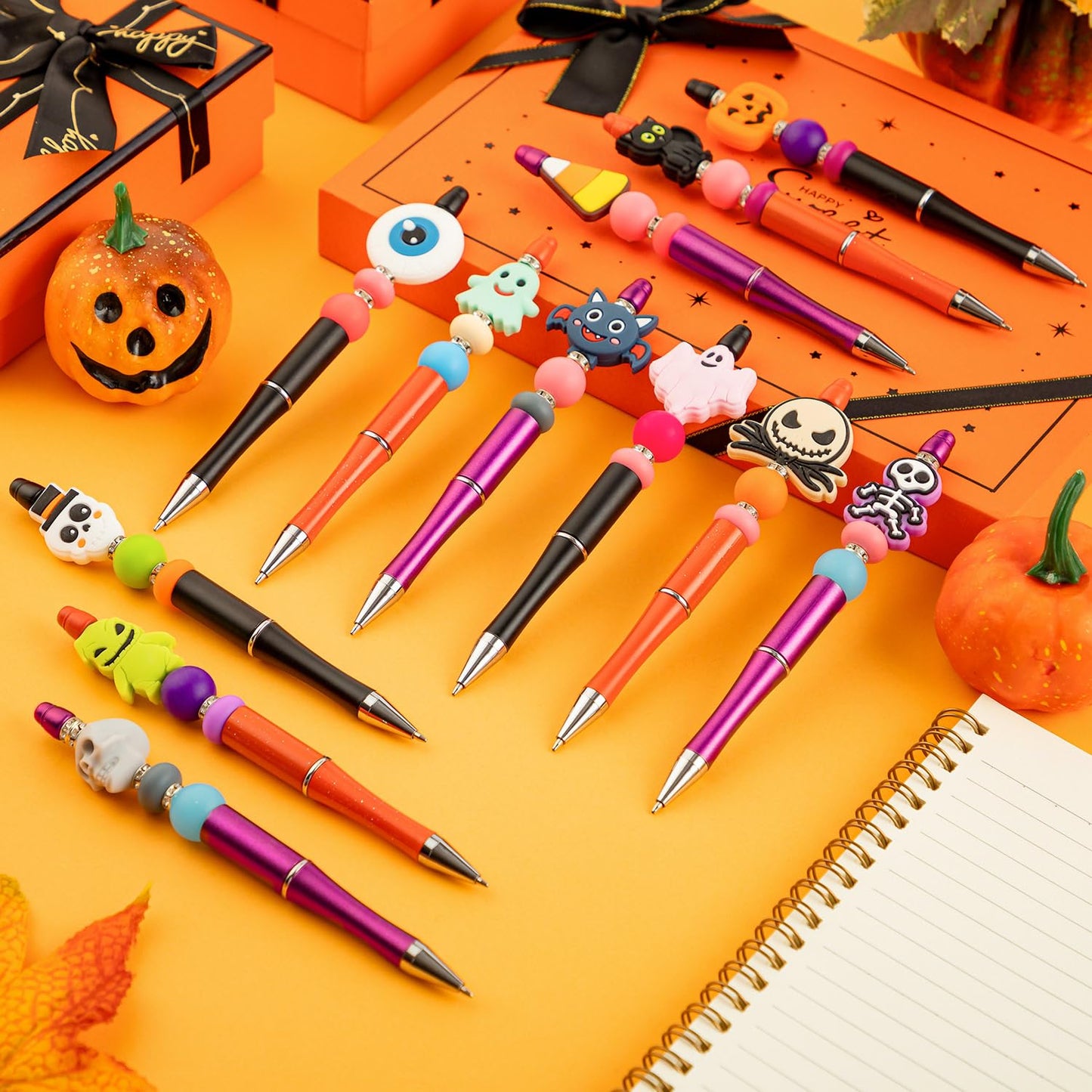 FFNIU Halloween Beadable Pens, Plastic Bead Pens with 12 Pcs Silicone Beads, Pumpkin Bat Skull Pens for Halloween Gifts School Office Supplies