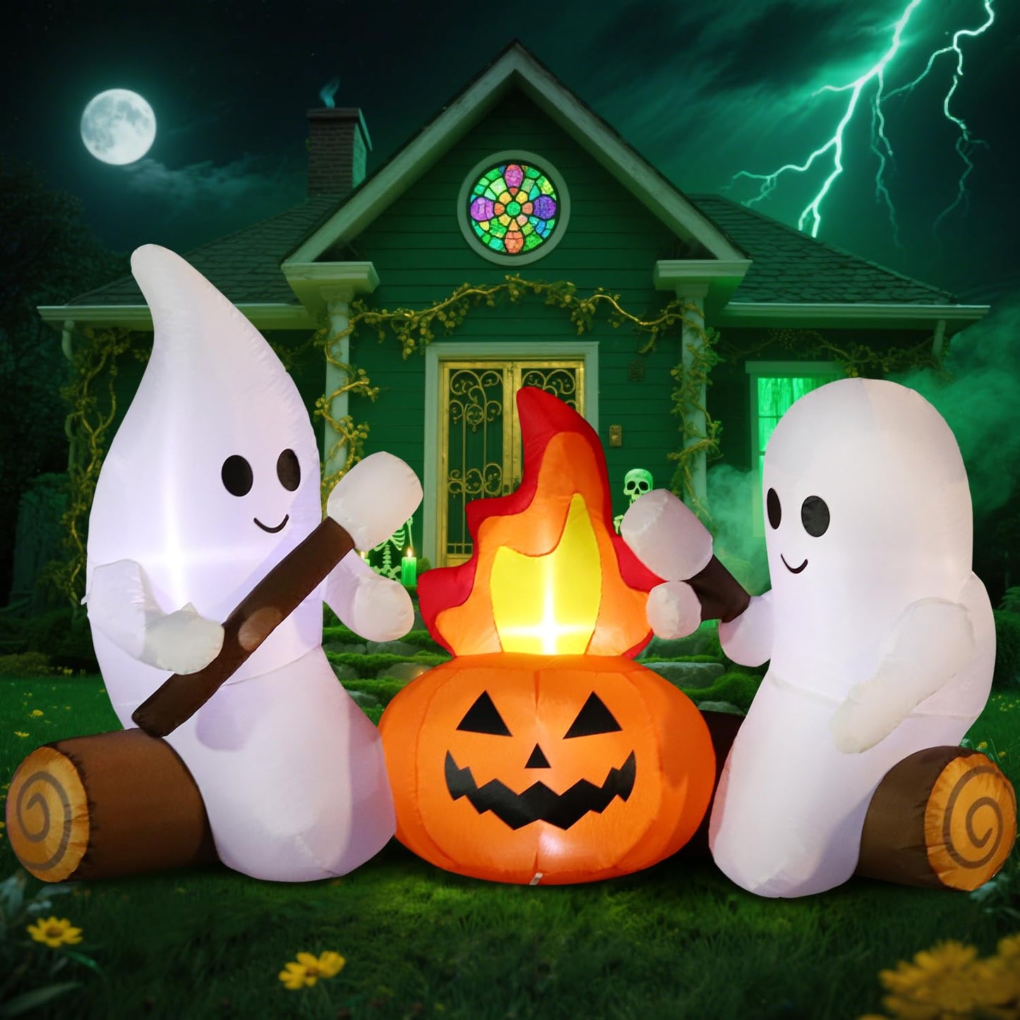 DomKom 6FT Halloween Inflatable Blow Up Decorations, Cute Ghosts Roasting Marshmallows Over Campfire, Built-in LEDs for Holiday Party, Garden, Lawn, Yard, Patio Décor