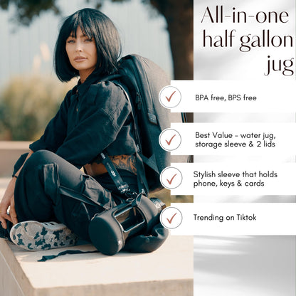 H2O Capsule 2.2L Half Gallon Water Bottle with Storage Sleeve and Removable Straw – BPA Free Large Reusable Drink Container with Handle - Big Sports Jug, 2.2 Liter (74 Ounce), Jet Black