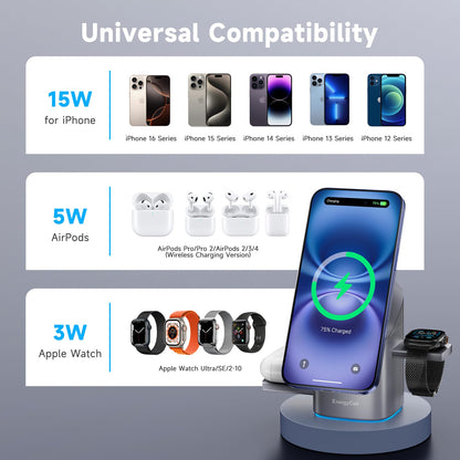 EnergyCell Rotating Wireless Charger, Qi2 Certified 2X Faster 15W for iPhone Charging Station 16/15/14/13/12, Apple Watch, AirPods, 3 in 1 Charging Station Apple Magnetic with Heat Dissipation, Grey