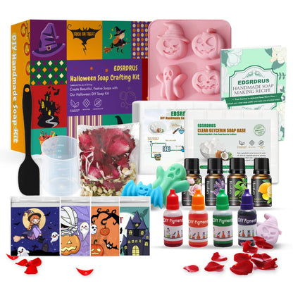 EDSRRDRUS Halloween Soap Making Kit for Adults - 2lbs Glycerin Melt & Pour Soap Base, Essential Oils, Dyes, Halloween Pumpkin Skull Bat Molds & Complete Soap Making Supplies