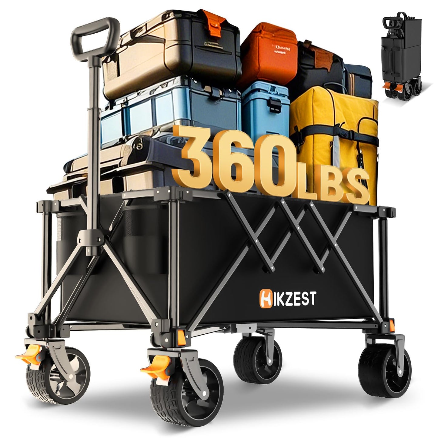 Hikzest Collapsible Wagon Cart Foldable, 360LBS Heavy Duty Utility Wagon, Beach Wagon with Wider Wheels, Portable Grocery Cart for Camping, Shopping, Garden, Sports, Black