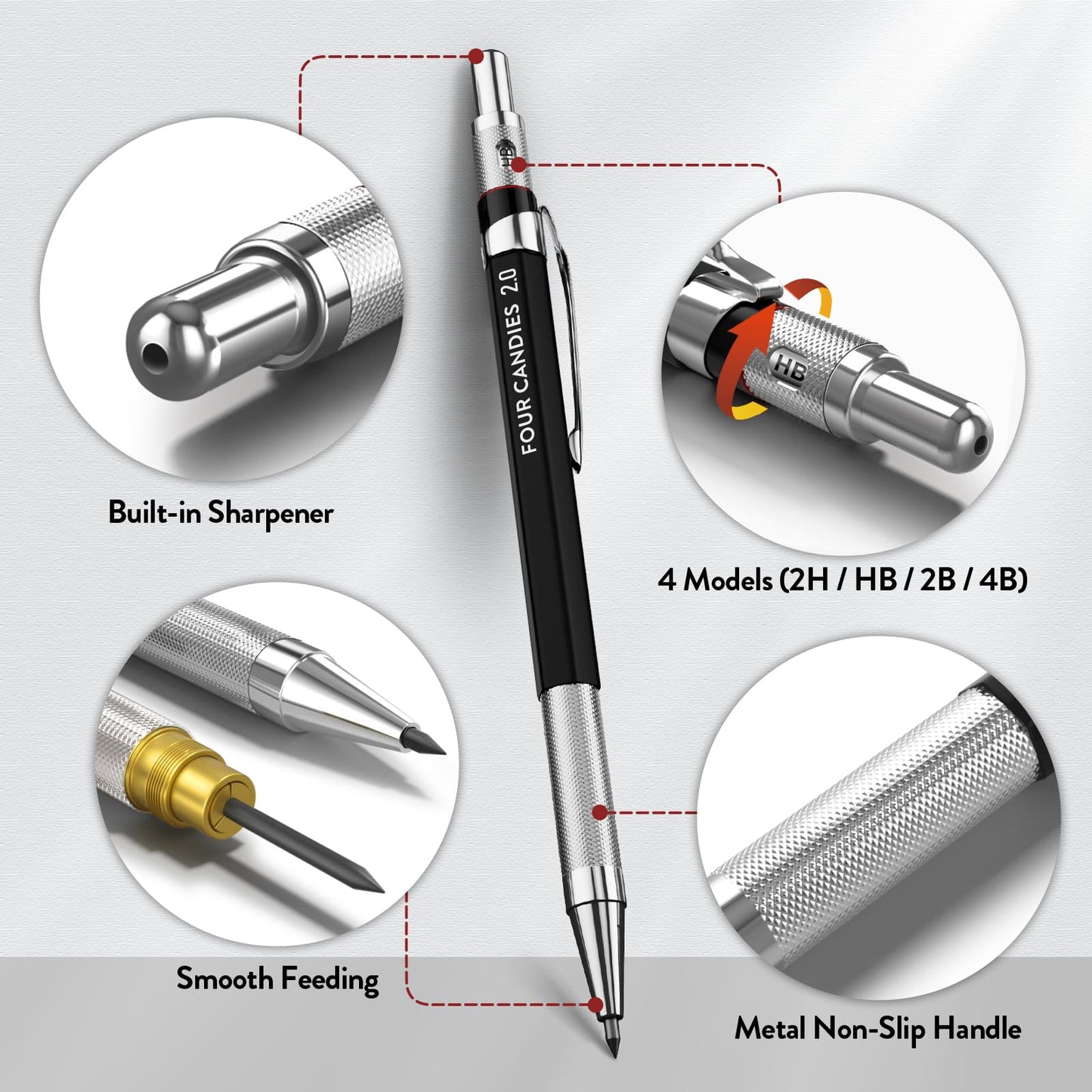 Four Candies 2MM Mechanical Pencil Set with case, Artist Led Pencil Metal Lead Holder with 60PCS Graphite Lead Refill (HB, 2H, 2B, 4B, Color) Kneaded Eraser, Sharpener for Writing, Drawing, Sketching