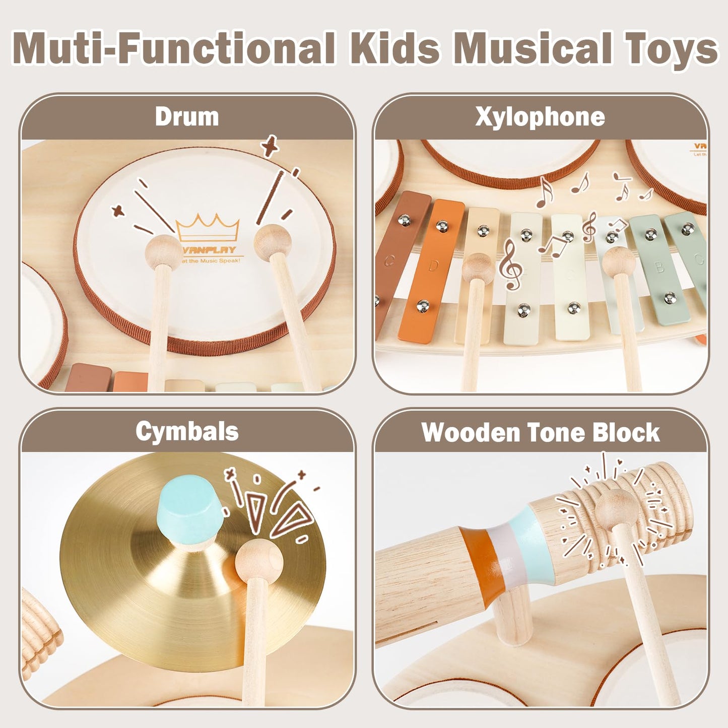 Drum Set - 9 in 1 Musical Instruments for for Toddlers 3+, Wooden Montessori Toys for Boy & Girls Easter Birthday Gifts, Musical Drum Set with Xylophone for Kids 3 4 5 6