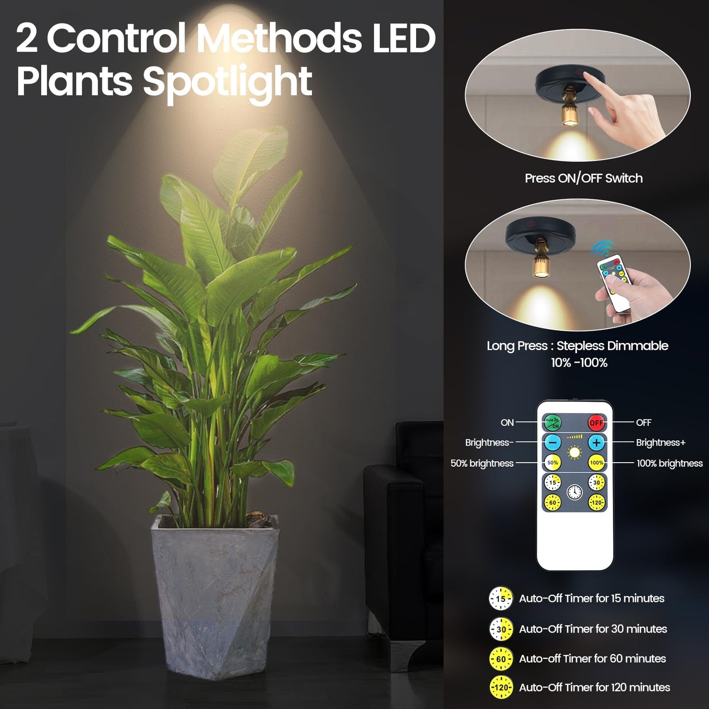 HAMVIDNE LED Spotlight, Rechargeable Battery Spot Lights with Remote, Uplighting Indoor, Stick Plant Spotlights for Wall Art Display Artwork Picture Painting-2Pack
