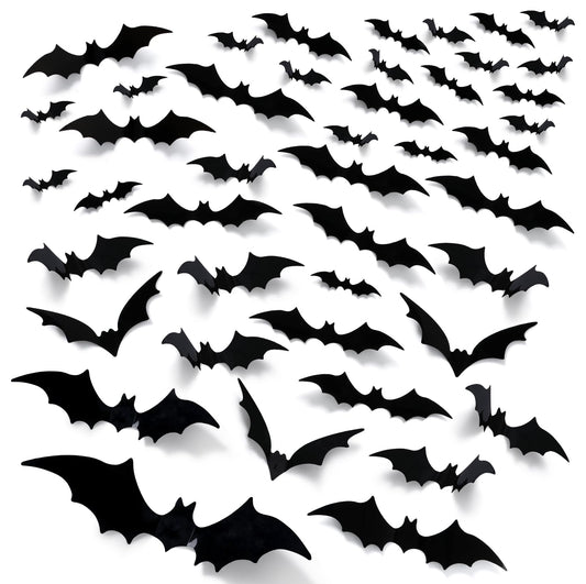 EkkoVla Bats Wall Decor, 170Pcs 3D Bat Halloween Decorations, Windows Stickers 6 Different Sizes PVC Black Bat Sticker for DIY Home Decor, Indoor Hallowmas Party Supplies