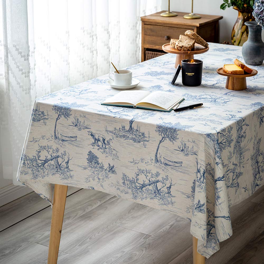 GLORY SEASON Rustic Tablecloth Classic French Village Printed Linen Fabric Table Cover Farmhouse Decoration 55x102 Inches Rectangle/Oblong Blue for Kitchen Dining