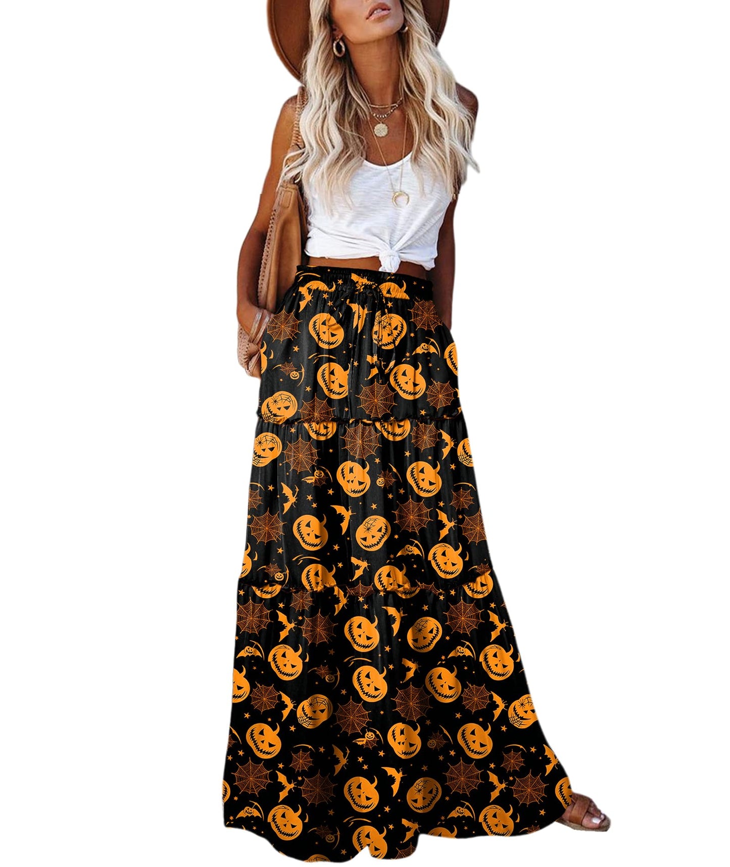 EARKOHA Womens Casual High Waist Tie Paisley Print Long Maxi Skirt with Pockets Halloween Pumpkin M