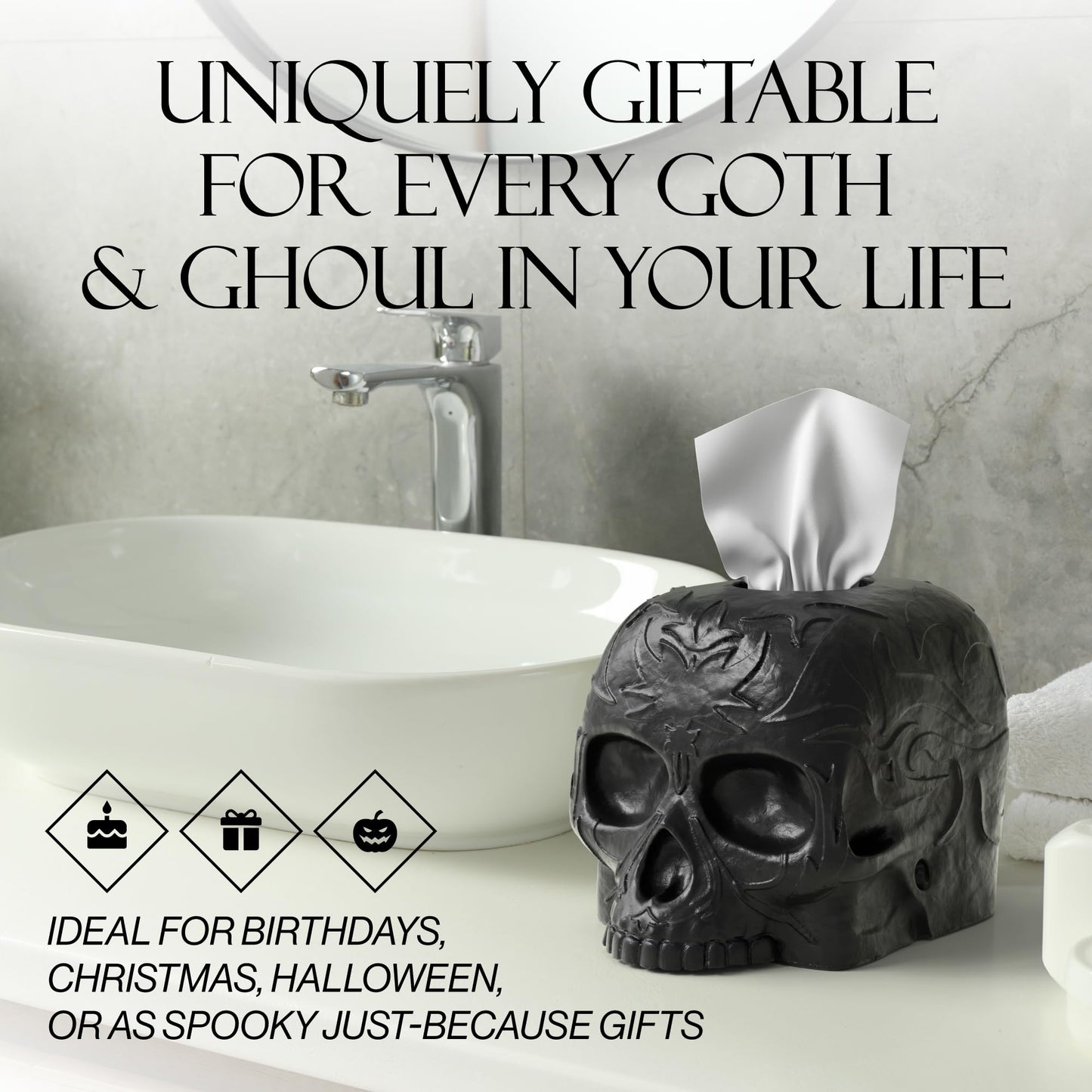 Gothic Skull Tissue Box Cover – Heavyweight Square Tissue Holder – Won’t Move When Pulling a Tissue – Black Home & Bathroom Décor – Home Gift for Women & Men, Goth, Horror, & Halloween Enthusiasts