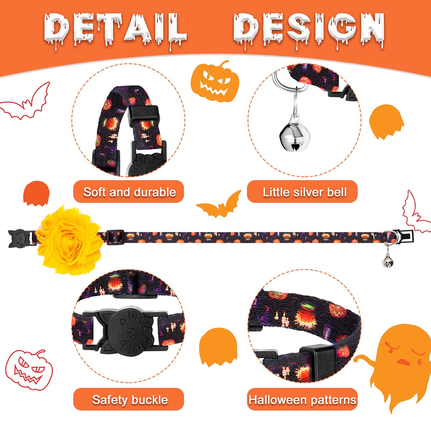 4 Pieces Halloween Cat Collar Breakaway Cat Collars with Bell and Removable Flowers Pumpkin Ghost Kitty Collars Quick Release Adjustable Pet Collar for Cat