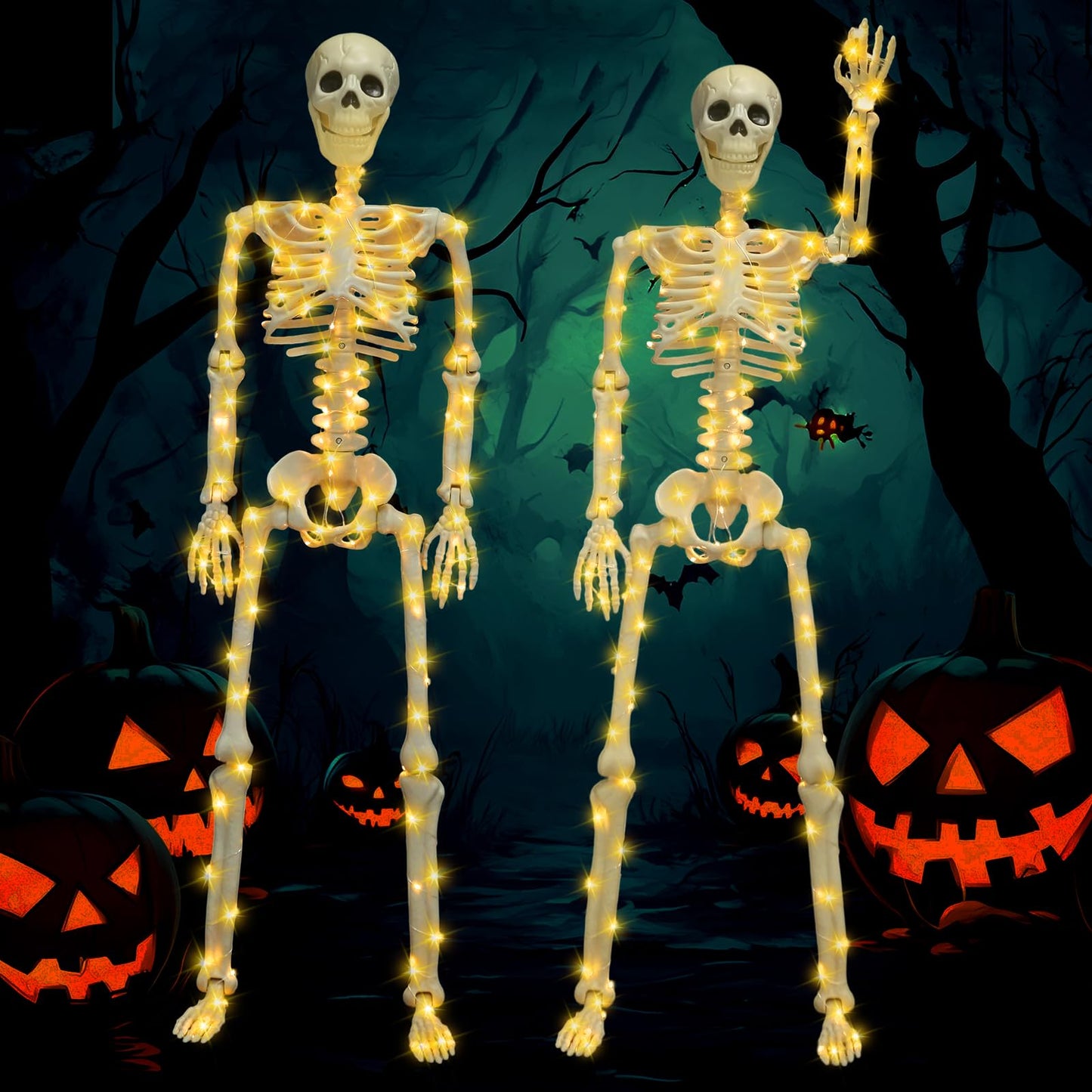 2 Pack 36 Inches Halloween Skeleton Decoration, 3 FT Light Up Halloween Skeletons Full Body with Movable Posable Joints for Decor Outdoor Indoor Yard Garden Lawn (with White Light)