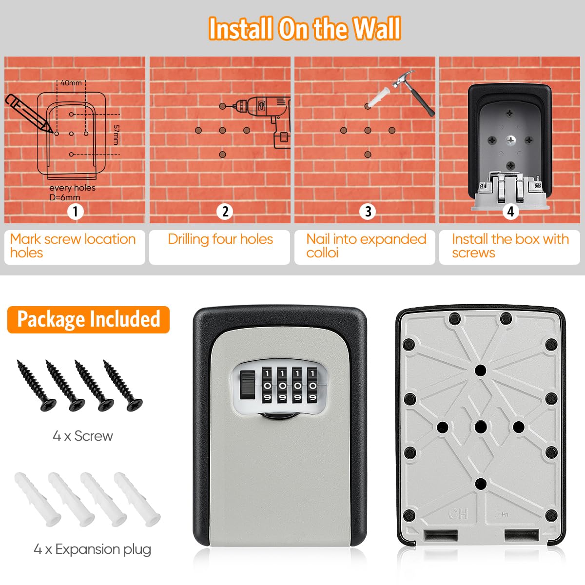 Key Lock Box Wall Mounted, Fayleeko 4 Digit Combination Lockbox for Outside, House Keys - 5 Keys Capacity, Key Safe Security Storage Lock Box for Indoor, Outdoor, Garage, Garden, Store (Black, 4Pack)