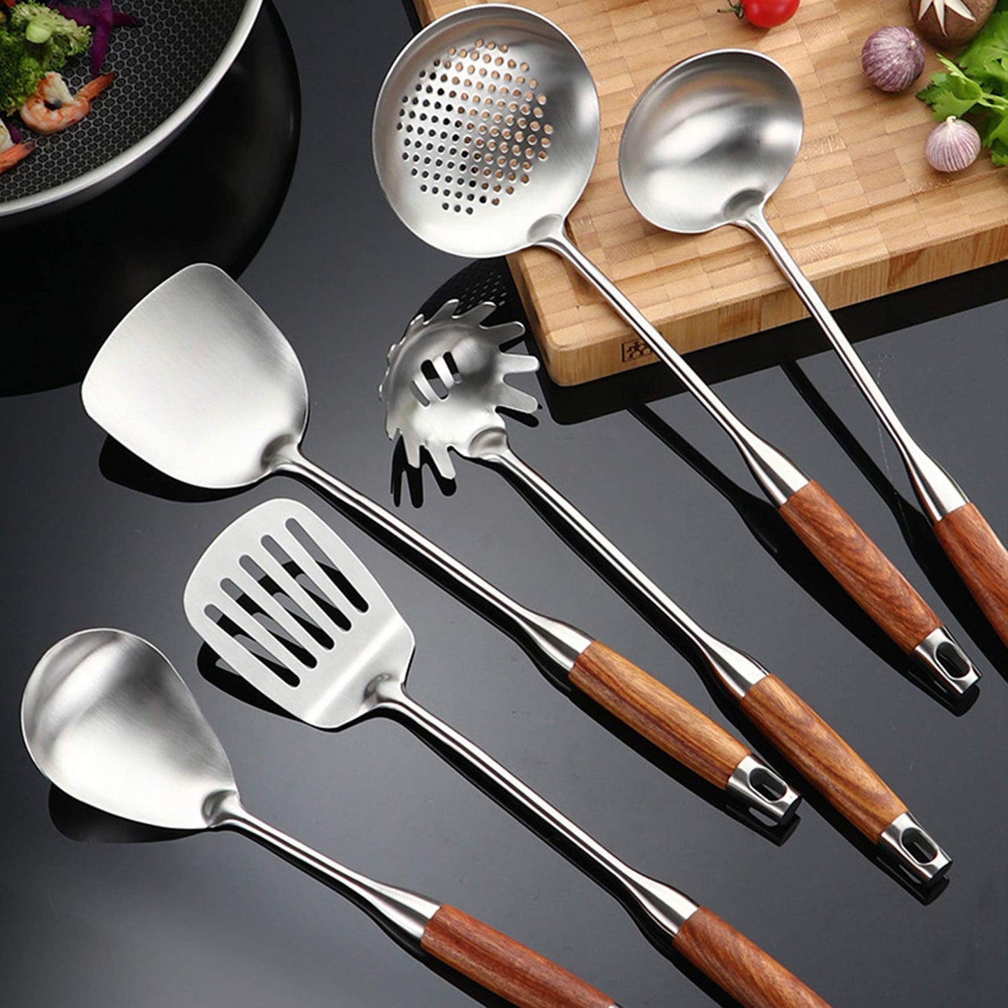 GXONE Cooking Utensils Set,7pcs 304 Stainless Steel Kitchen Utensils Set with Holder,Heat Resistant Wooden Handle Kitchen Tools