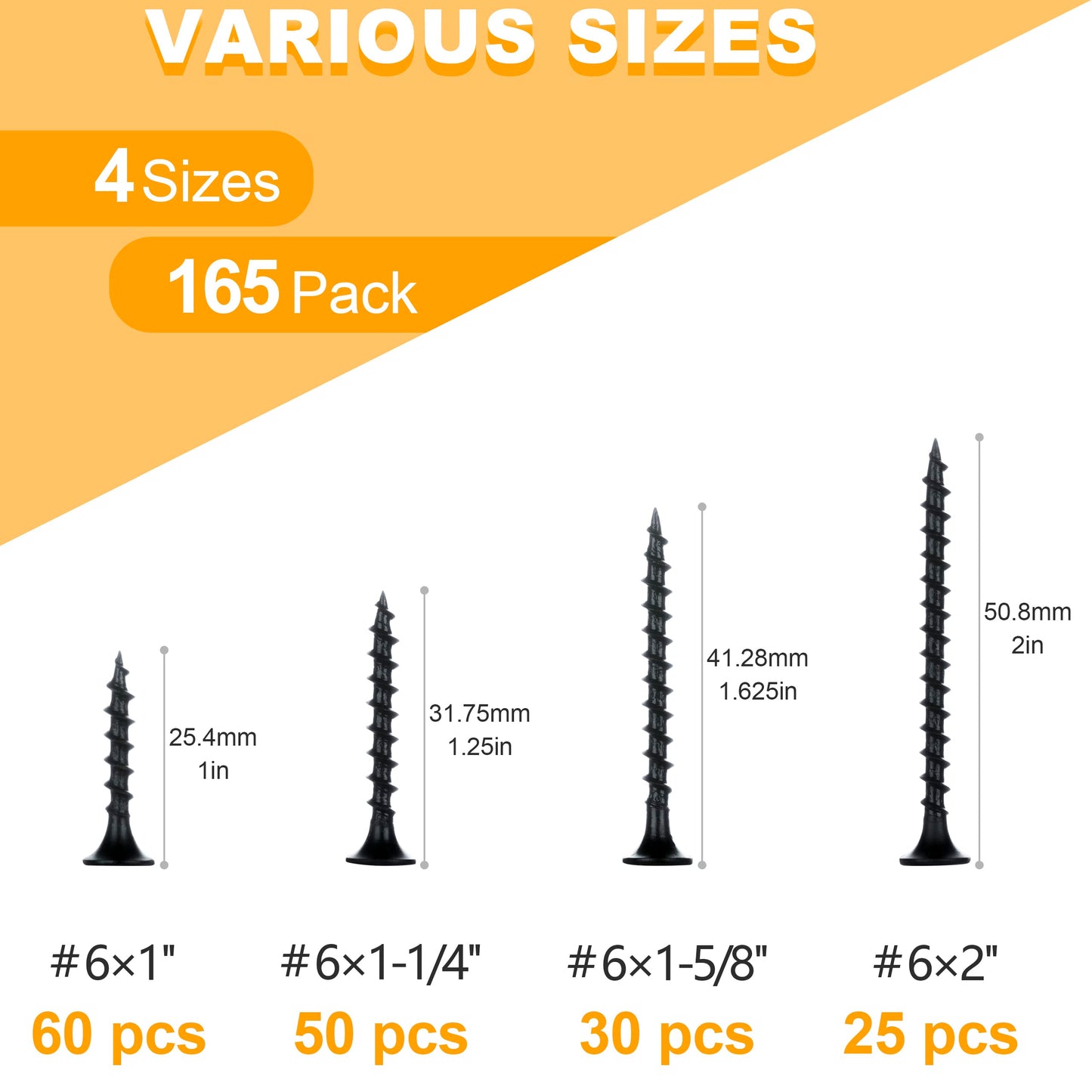 KURUI Drywall Screws Assortment Kit, #6 Black Wood Screws for Sheetrock,165pcs Picture Hanging Kit for Frame Painting Art Photo, Phillips Coarse Dry Wall Screw 4 Sizes 1",1-1/4",1-5/8",2"