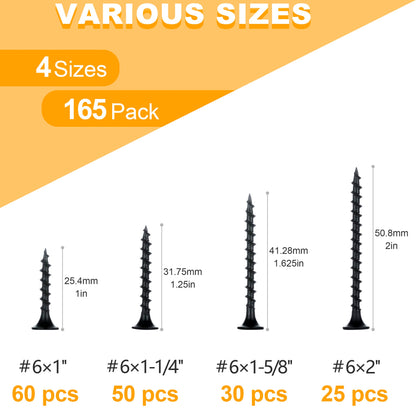 KURUI Drywall Screws Assortment Kit, #6 Black Wood Screws for Sheetrock,165pcs Picture Hanging Kit for Frame Painting Art Photo, Phillips Coarse Dry Wall Screw 4 Sizes 1",1-1/4",1-5/8",2"