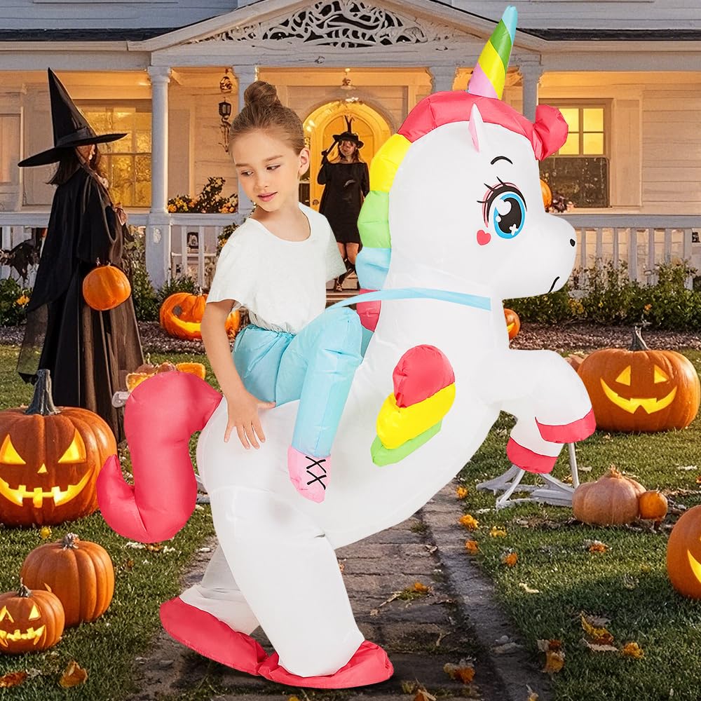 JUROSAICA Unicorn Costume Kids Inflatable Costume Ride On Rainbow Blow Up Halloween Costumes For 4-6 Years Old Boys Girls Child