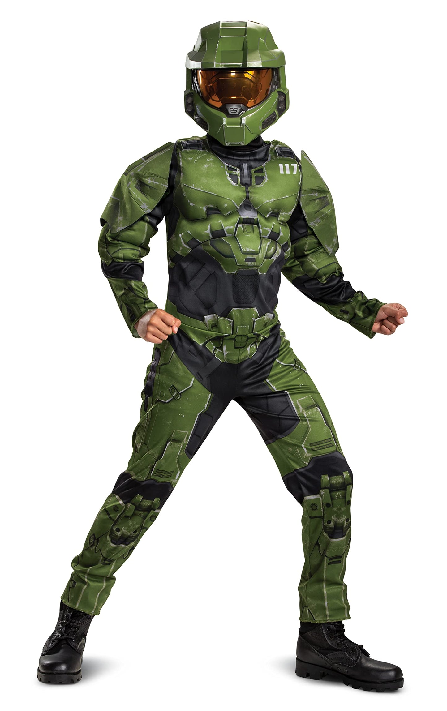 Halo Infinite Master Chief Costume, Kids Size Muscle Padded Video Game Inspired Character Jumpsuit, Child Size Large (10-12), Green & Black