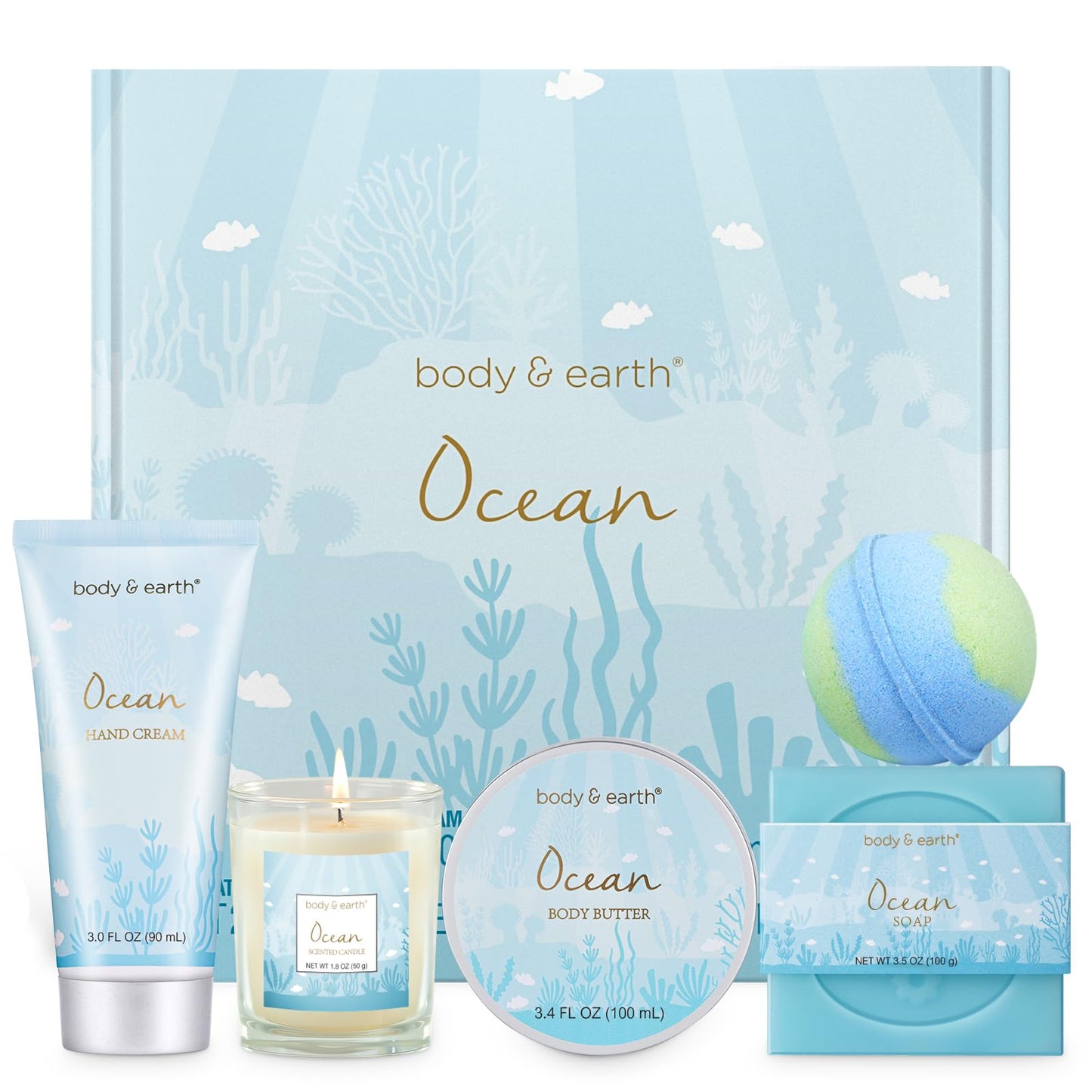Gifts for Women, Bath and Body Womens Gift Sets with 5 Pcs Ocean Scented Spa Gifts for Women Bath Gift with Scented Candle Body Butter Hand Cream Bath Bomb Christmas Gifts