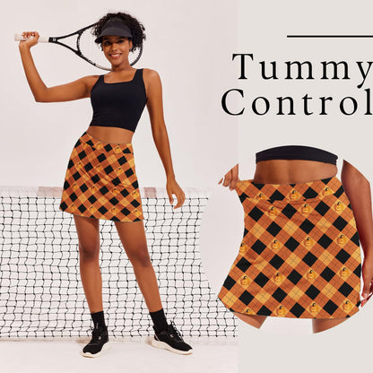 Ekouaer Womens Halloween Skirt Skorts with Pockets High Waisted Pickleball Skirts Printed Tennis Skorts,Orange Print XL