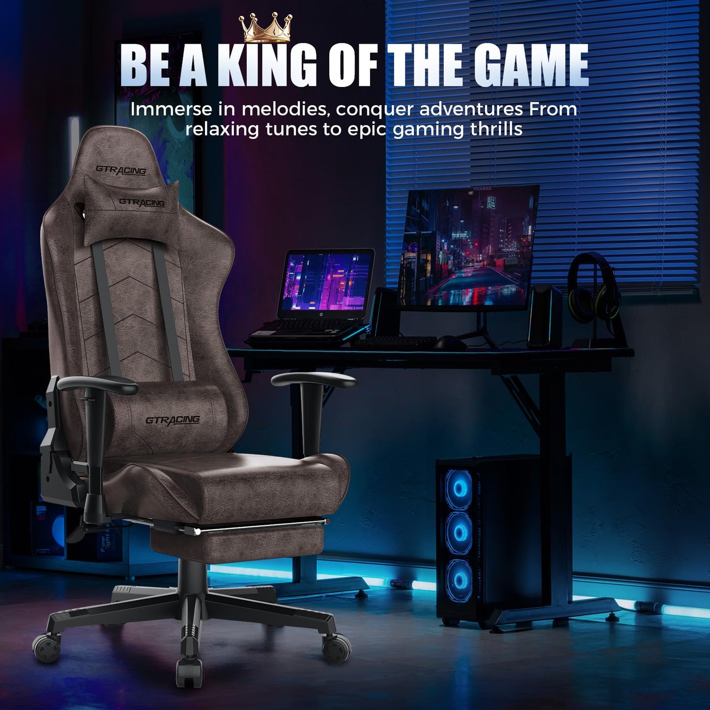 GTRACING Gaming Chair with Footrest, Racing Style Computer Chair for Adult, Adjustable Reclining Backrest and Lumbar Support, Stylish High Back Chair for Gaming and Office (Brown)