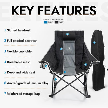 Dowinx Oversized Rocking Camping Chair, Fully Padded Patio Chair with Side Pocket and Carry Bag, High Back Portable Lawn Recliner with Headrest, Support 300 lbs, Grey