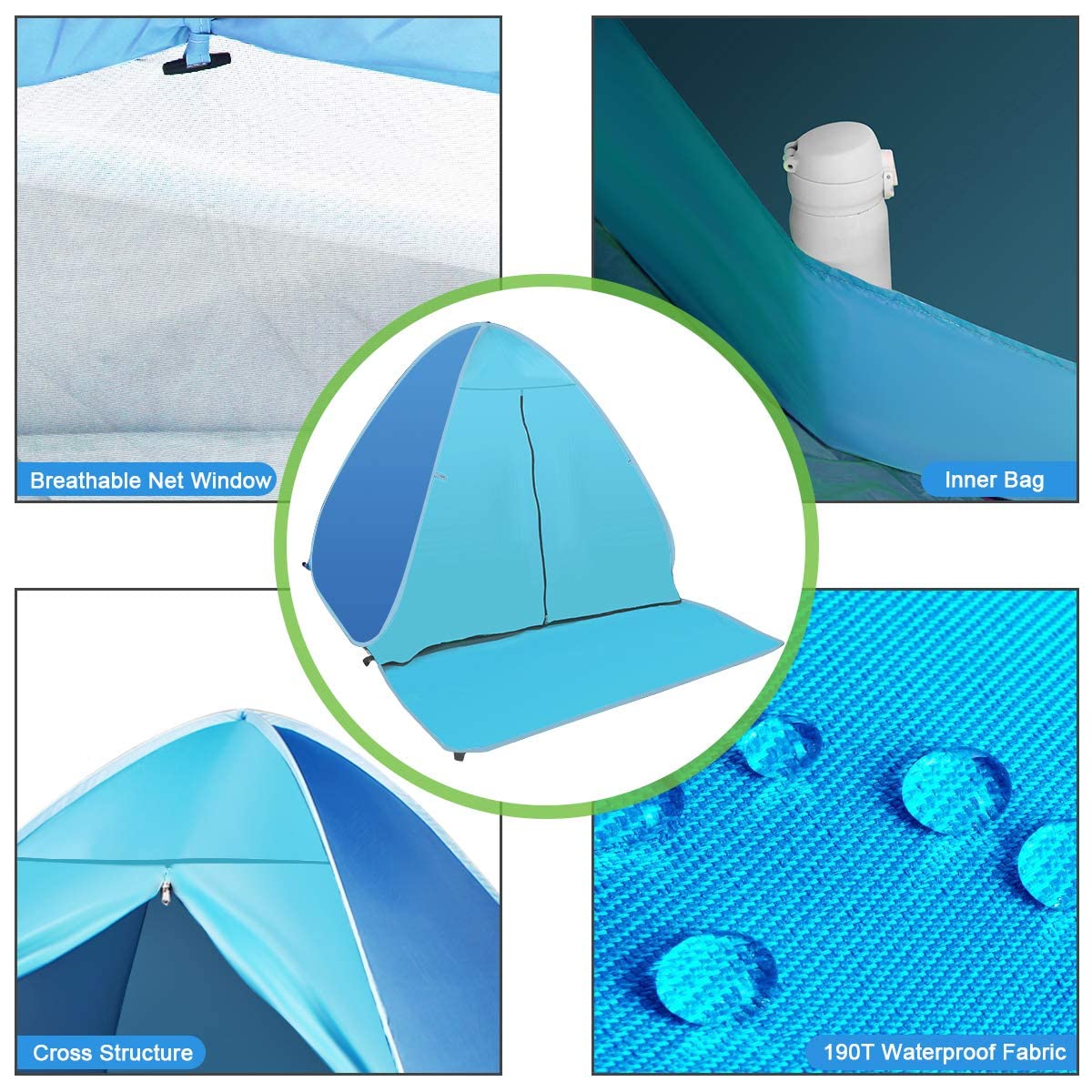 FBSPORT Beach Tent, UPF 50+ Easy Pop Up Beach Shade Beach Tent, Sun Shelter Instant Portable Beach Tent Umbrella Baby Canopy Cabana with Carry Bag, Sky Blue