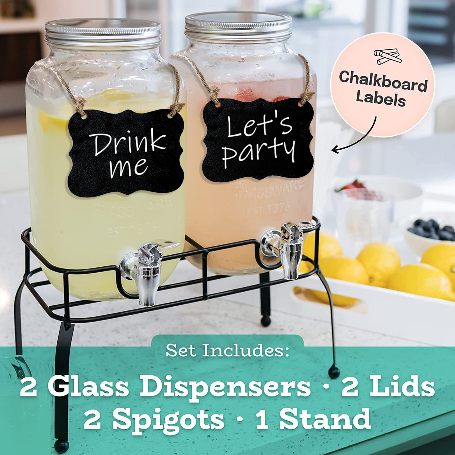 Estilo Glass Drink Dispenser for Parties - Set of 2-1 Gallon Halloween Drink Dispenser with Stand, Glass Water Dispenser Countertop for Weddings, Sun Tea Jar, Lemonade & Laundry Detergent Dispenser