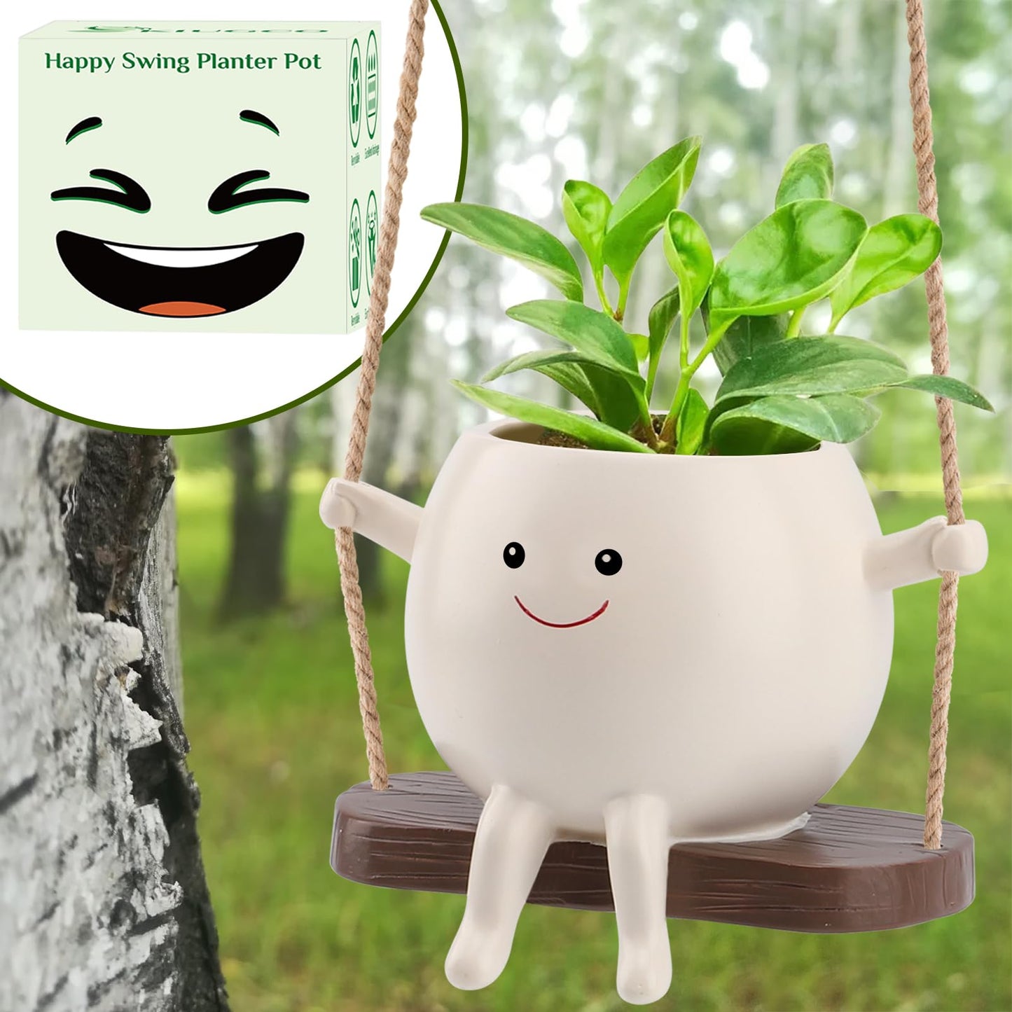 KIUGCO Glossy Swing Smiley Face Planter Pot Head, Small Hanging Planter for Indoor Outdoor Plants, Cute Hanging Flower Pot for String of Pearls Plant Live, Birthday Gifts