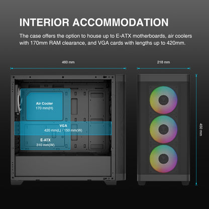 GAMDIAS ATX Mid Tower Computer Case Tempered Glass, Gaming PC Case Support Dual 360mm AIO/Radiator, 7x120mm Case Fans (4X 120mm Built-in), 420mm GPU/VGA, USB3.0X 2, Type C x1, 170mm CPU Cooler