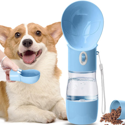 Dog Water Bottle with Food Container, Portable Dogs Water Dispenser, Outdoor Drink Bottles for Puppy, Cat, Pet, Essential Items for Travel, Walking, Hiking, Dog Accessories (Blue, with Food Container)