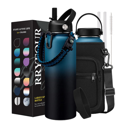 40/64/128 oz Insulated Water Bottle with Straw - Flex Cap Lids, Paracord Handle, Bottle Carrier Bag w/Strap, Vacuum Stainless Steel 40oz Water Bottles, Double Wall Flask Metal Water Flask Jug
