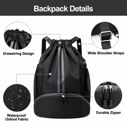 Hoedia Sports Drawstring Backpack - String Swim Gym Bag with Shoes Compartment and Wet Proof Pocket for Women&Men