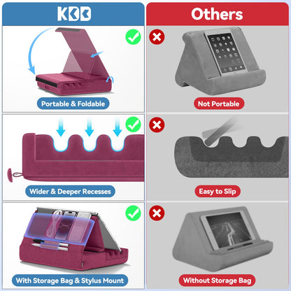 KDD Tablet Pillow Holder, Foldable iPad Stand for Lap, Bed and Desk -Tablet Soft Pad Dock with Pocket & Stylus Mount Compatible with iPad Pro 12.9, 10.5, 9.7 Air Mini 6 5 4 3, Galaxy Tab, E-Reader