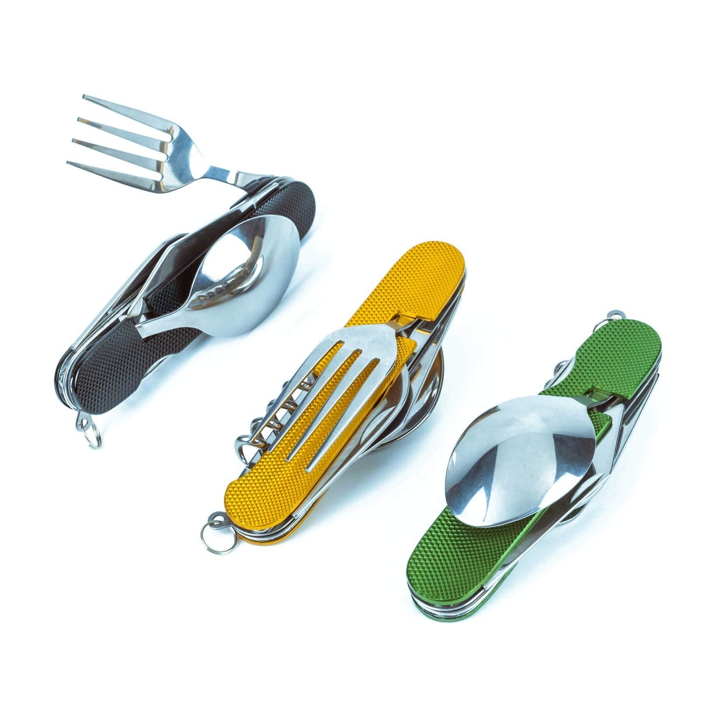 6-in-1 Multi-Function Camping Utensil Flatware Set Detachable Spoon Fork Knife Combo Mess Kit with Carrying Pouch (Black + Gold + Green)