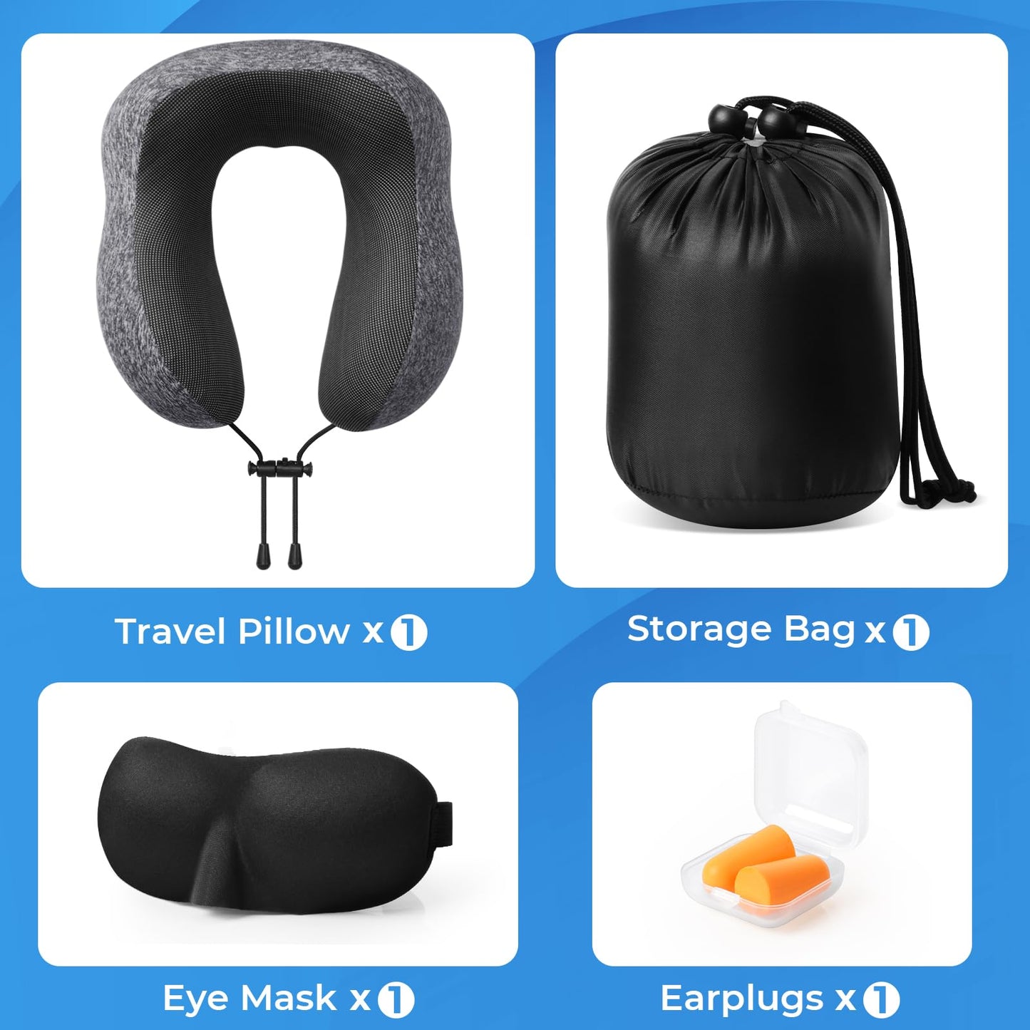 ExploreBliss Travel Pillow, Travel Pillows for Sleeping Airplane, Removable Cover Neck Pillow with Adjustable Clasp, Memory Foam Neck Pillow Set with Eye Mask, Earplugs and Storage Bag (Dark Grey)