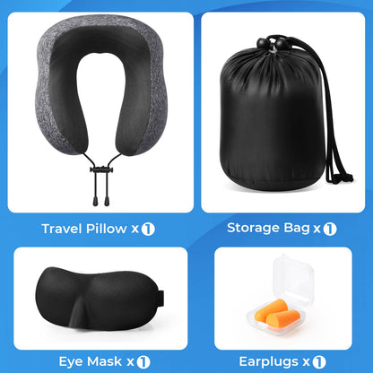 ExploreBliss Travel Pillow, Travel Pillows for Sleeping Airplane, Removable Cover Neck Pillow with Adjustable Clasp, Memory Foam Neck Pillow Set with Eye Mask, Earplugs and Storage Bag (Dark Grey)