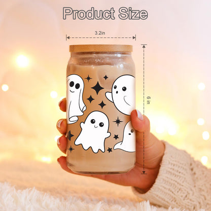 Coolife Ghost Halloween Cup, 16 oz Tumbler Glass Cups w/Lids Straws - Spooky Iced Coffee Mug for Smoothie, Cute Halloween Gifts for Women, Girls - Boo Basket Stuffers, Spooky Gifts for Teens, Her