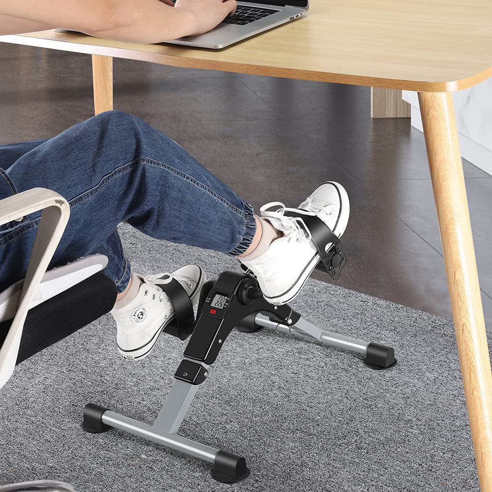 Folding Pedal Exerciser Mini Exercise Bike Portable Peddler Under Desk Bike with LCD Display for Arms and Legs Workout (Gray)