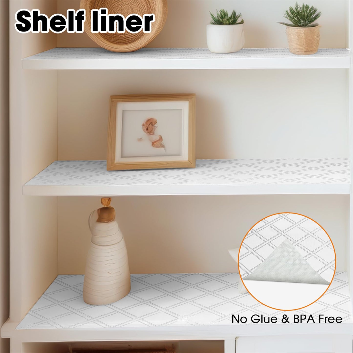 Drawer and Shelf Liner for Kitchen Cabinets Non-Adhesive Cabinet Liners for Shelves Strong Grip Non Slip Waterproof Cupboard Liner for Dresser Refrigerator, Bathroom,Silver Geometric,17.5IN X 10FT
