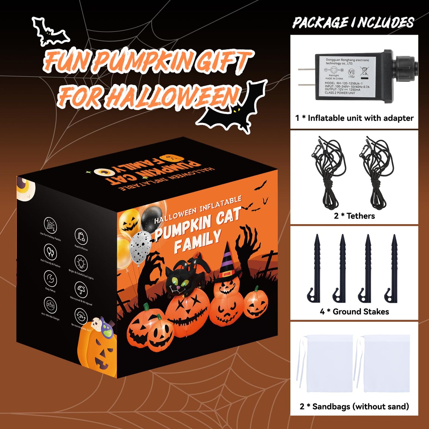 5.8 FT Long Halloween Inflatables Pumpkin Outdoor Decorations Blow Up Inflatables Pumpkin Patch with Black Cat & Witch Hat Build-in LEDs Outdoor Blow Up Yard Decorations for Holiday Party Lawn Garden