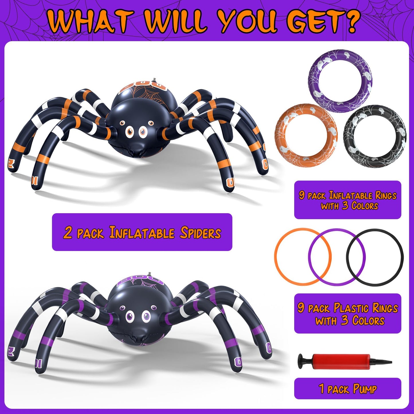 Garma Halloween Inflatable Spider Ring Toss Game - 2Pack Giant Spider Decoration for Kids School Party Favors Carnival Indoor Outdoor Party Games Family Fun Supplies