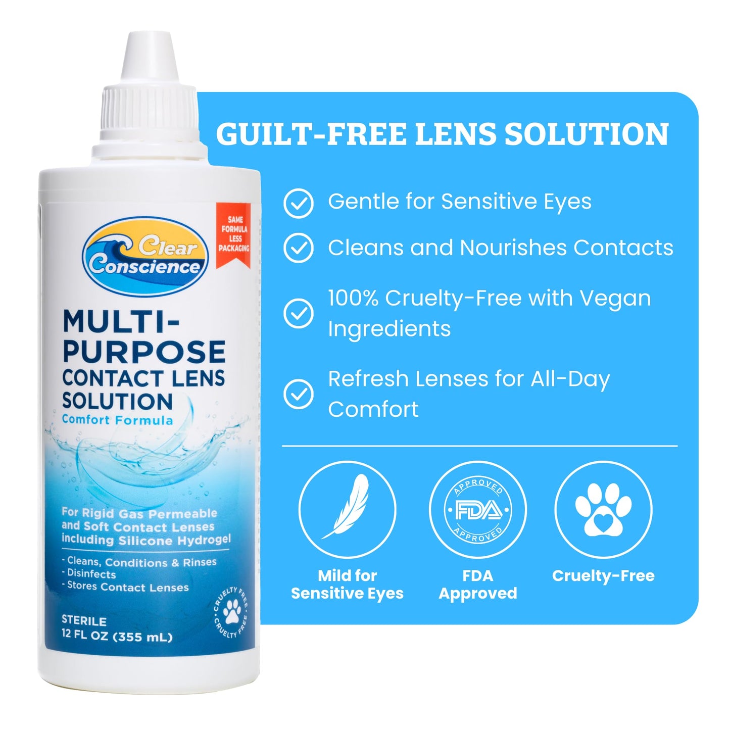 Cruelty-Free Contact Lens Solution 12oz - Multipurpose Cleaner & Sterile Isotonic Eye Contacts Care by Clear Conscience (2 Pack)